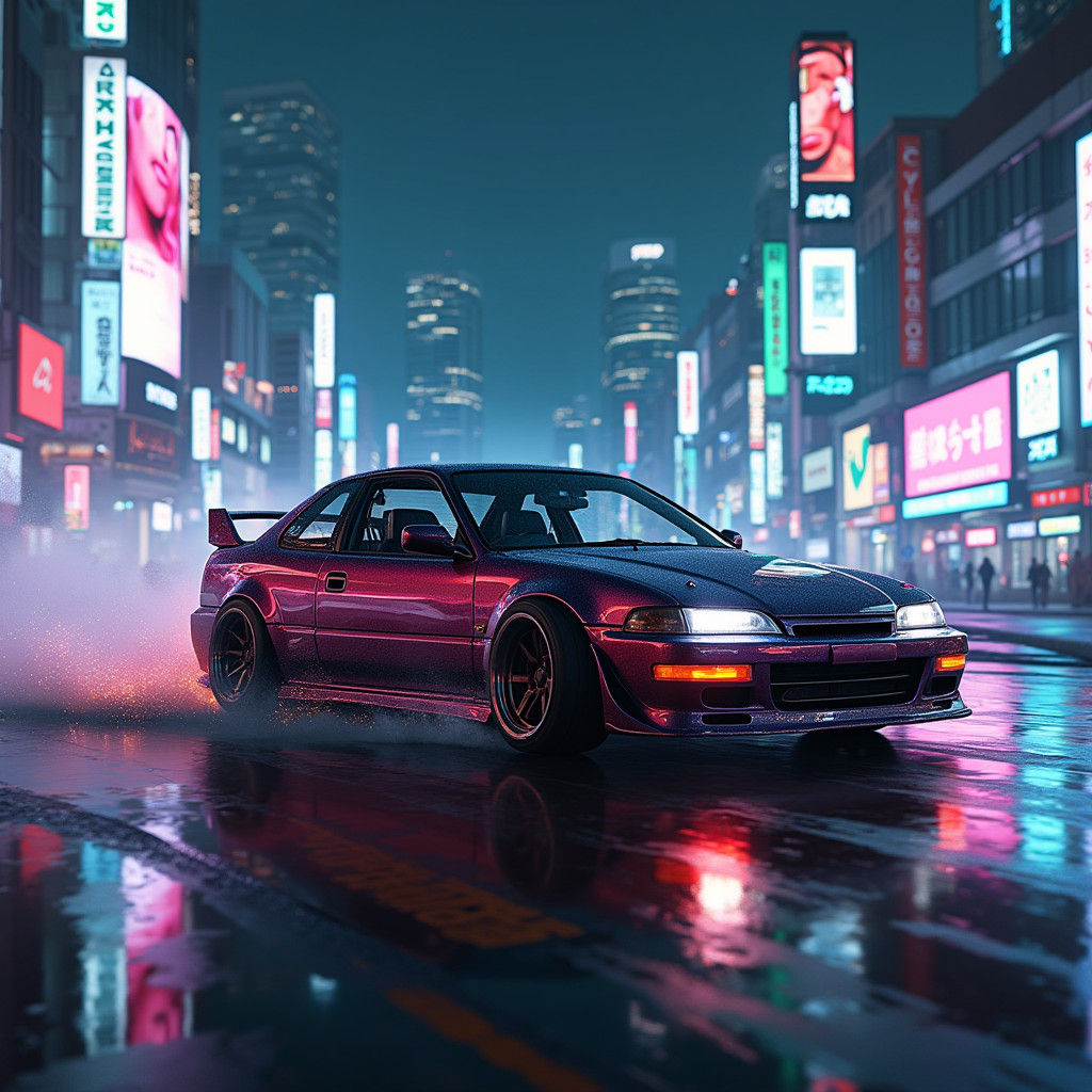 Neon-Lit Japanese Cityscape Drifting Scene