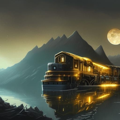 Golden Train Amidst Mountains at Night