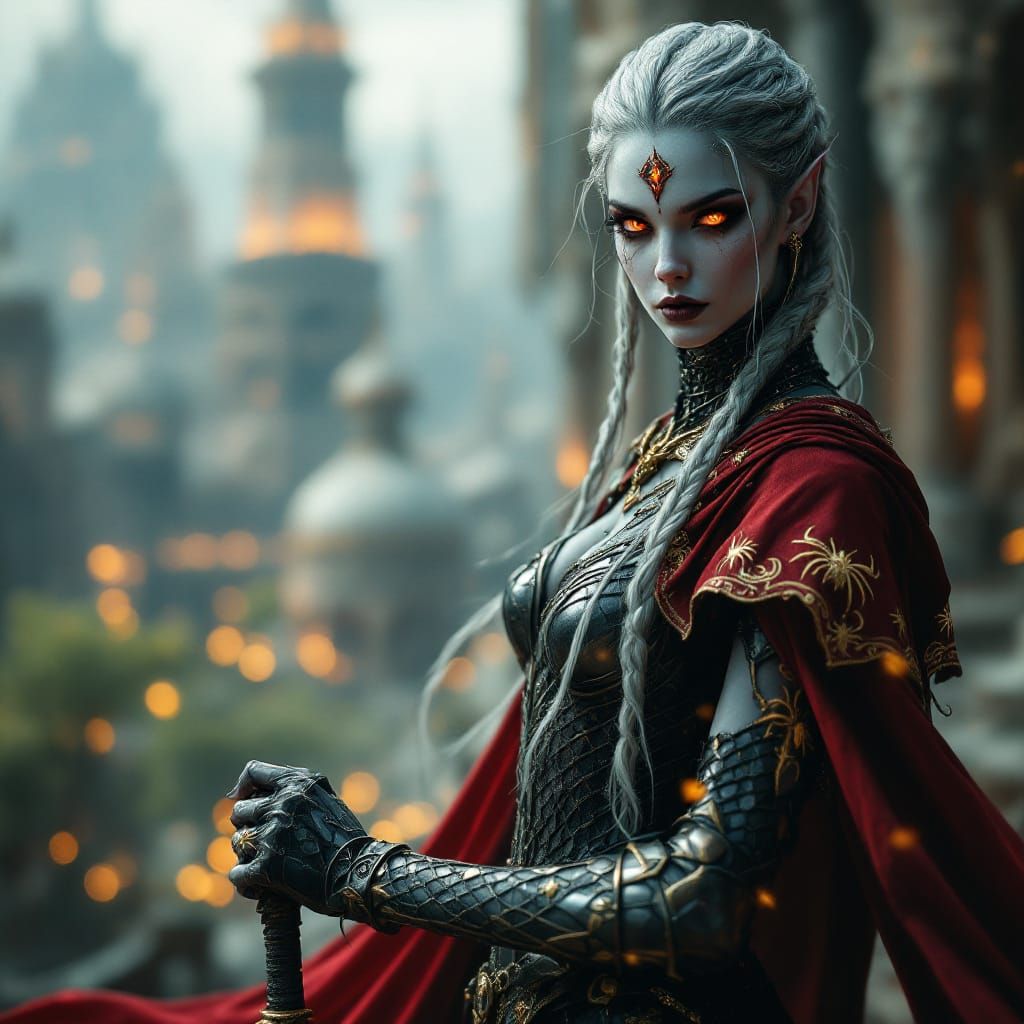 Drow Warrior in Dark Gothic Cityscape