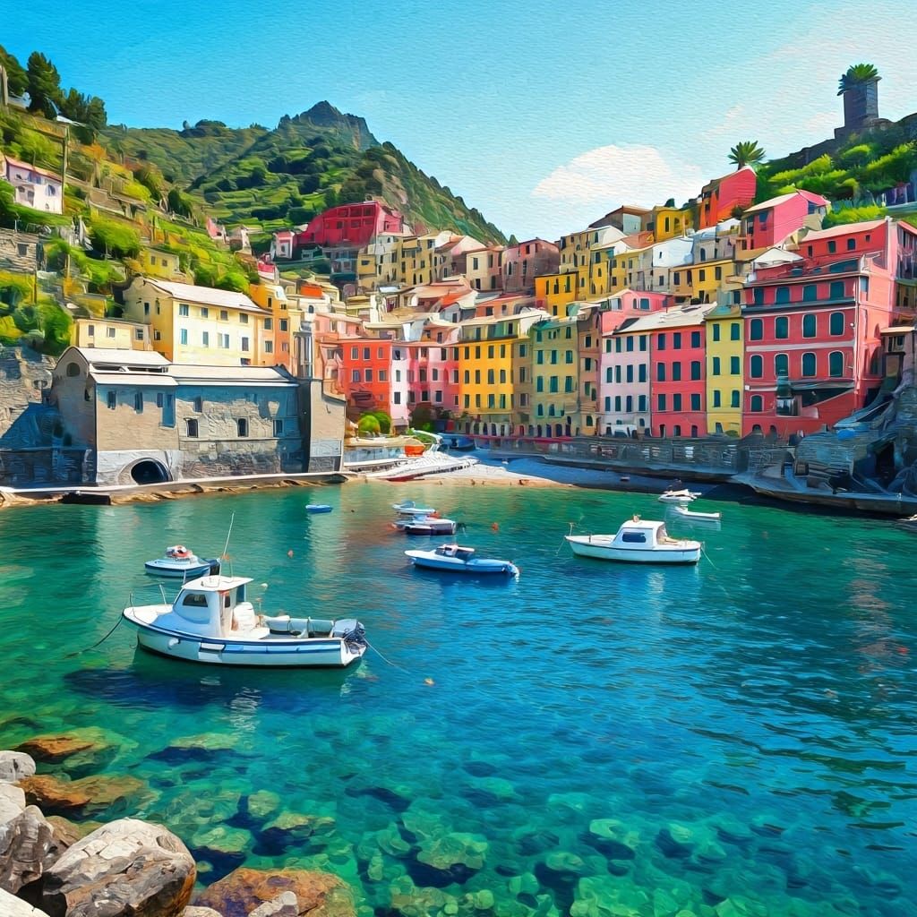 Beautiful village by the sea with boats scattered in the vib...