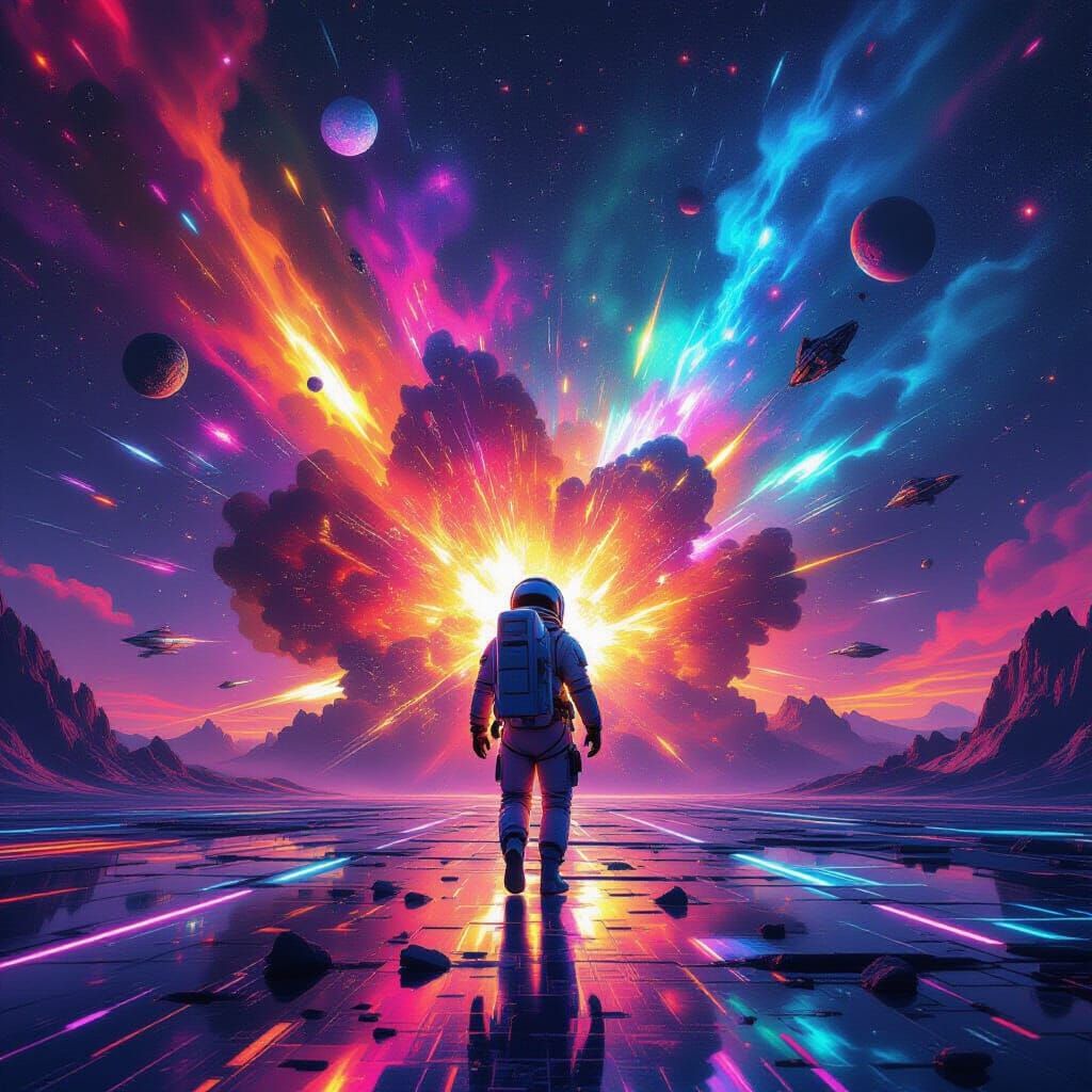 Astronaut Amidst Cosmic Explosion in Neon Sci-Fi Style