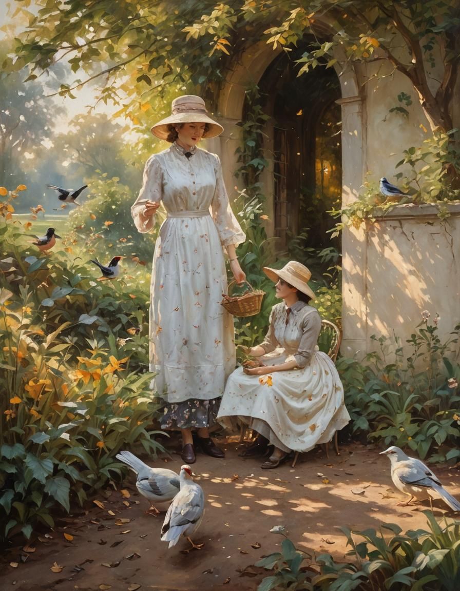 Woman Feeding Birds in Lush Impressionist Garden