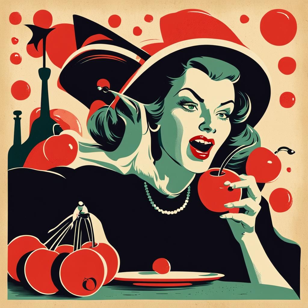 Vintage Witch Biting Cherry Illustration