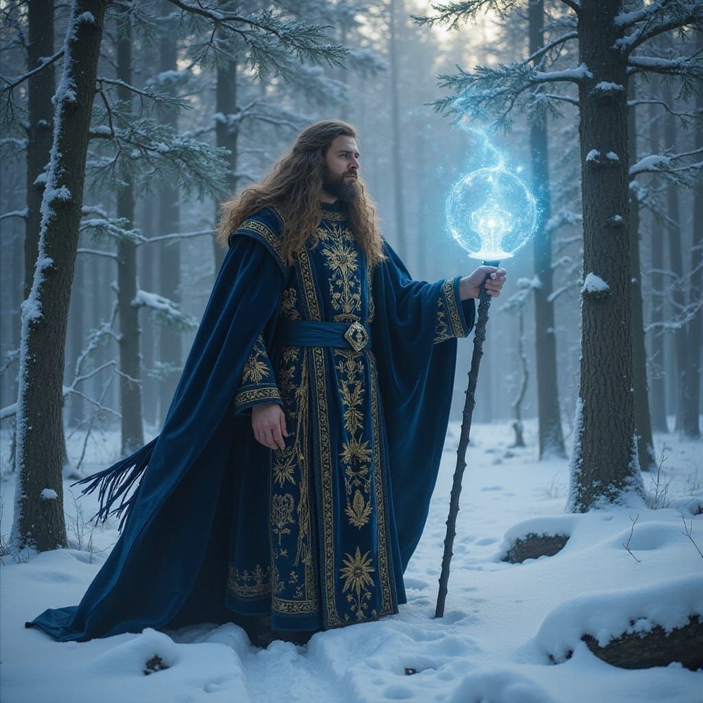 Majestic Finnish Sorcerer in Traditional Velvet Robes
