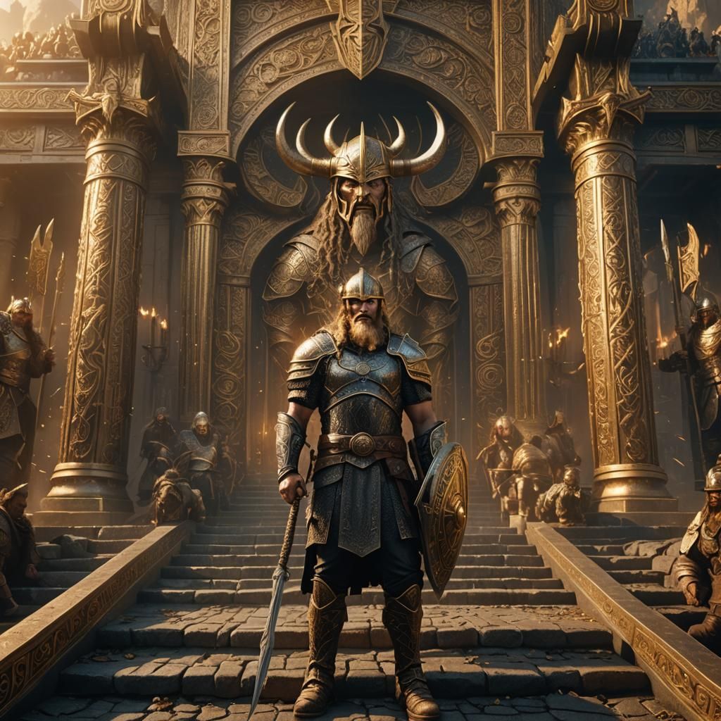 Viking Warrior at Valhalla Gates in Golden Light