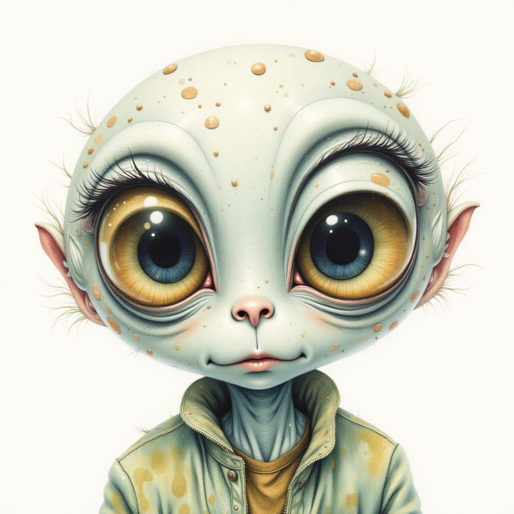 Friendly Alien in Watercolor With Bewildered Eyes