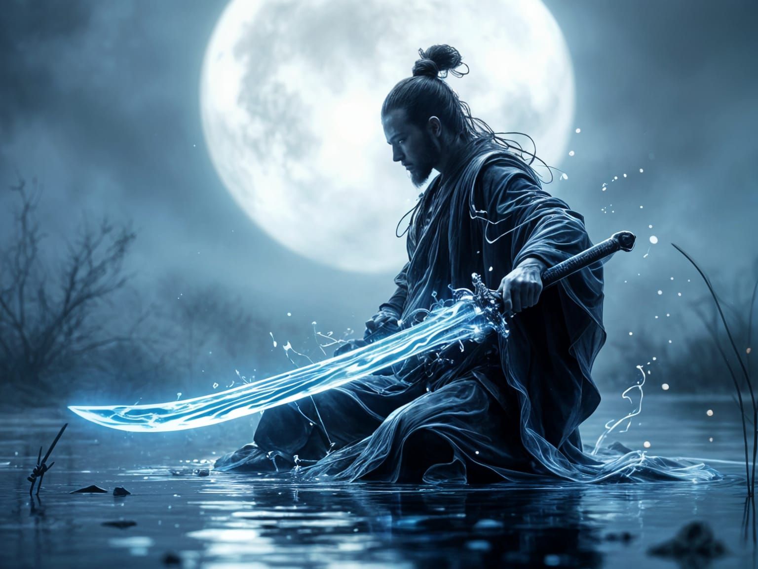 Ancient Monk Wields Ethereal Ink Sword in Moonlit Marsh