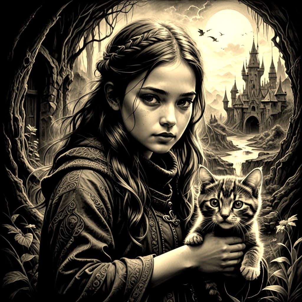 Girl and Kitten in Whimsical Fantasy World