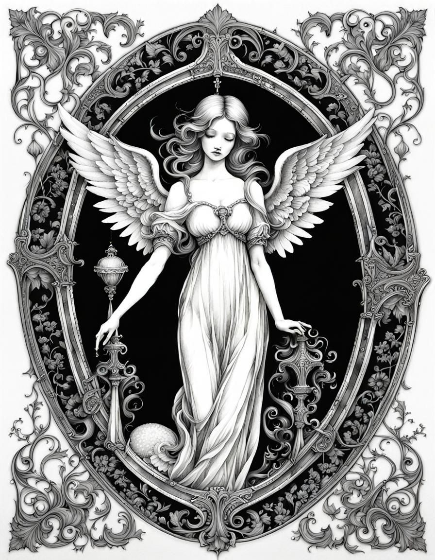 Gothic Baroque Angel Ornament in Ink