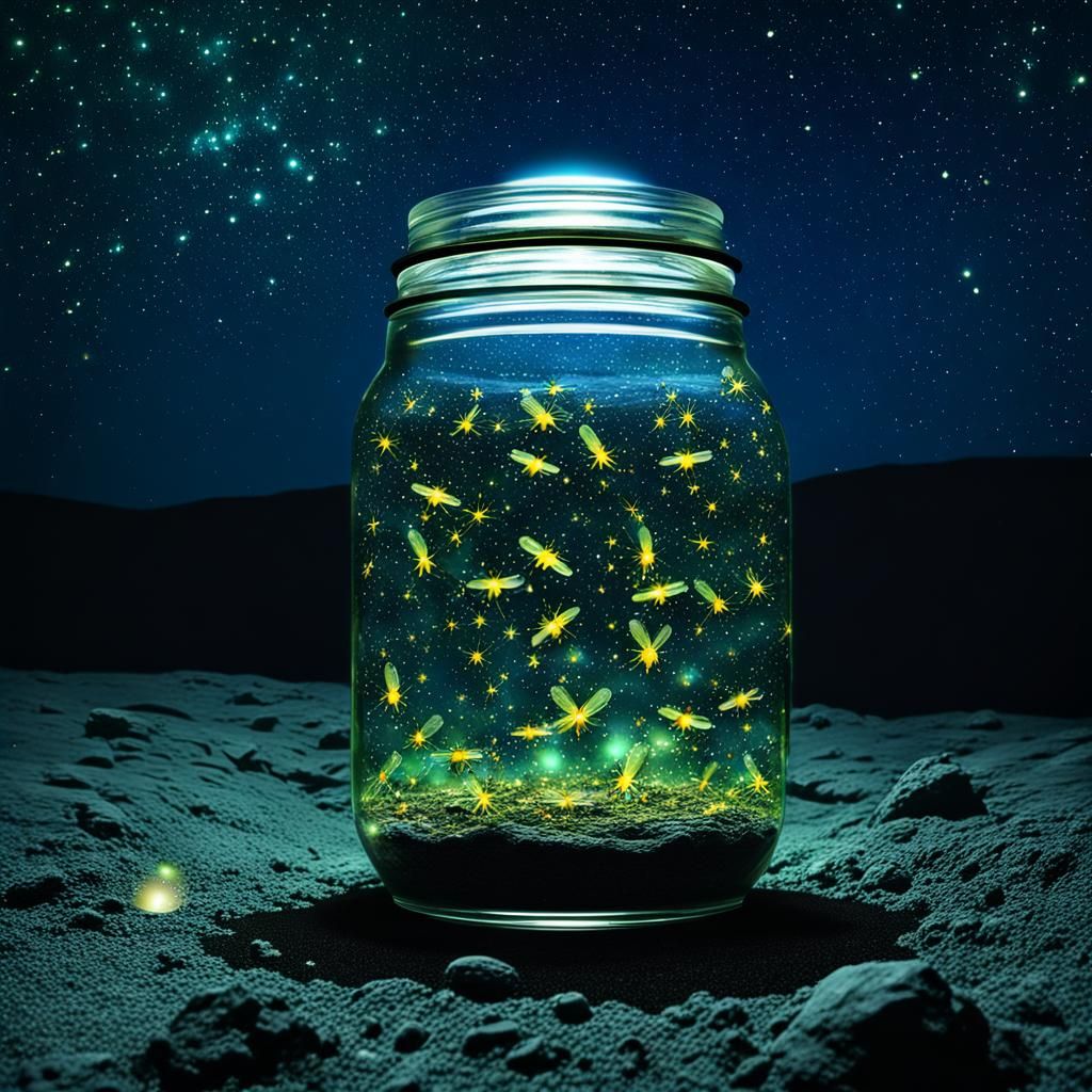 Fireflies in Jar on Moon, Macro Photograph