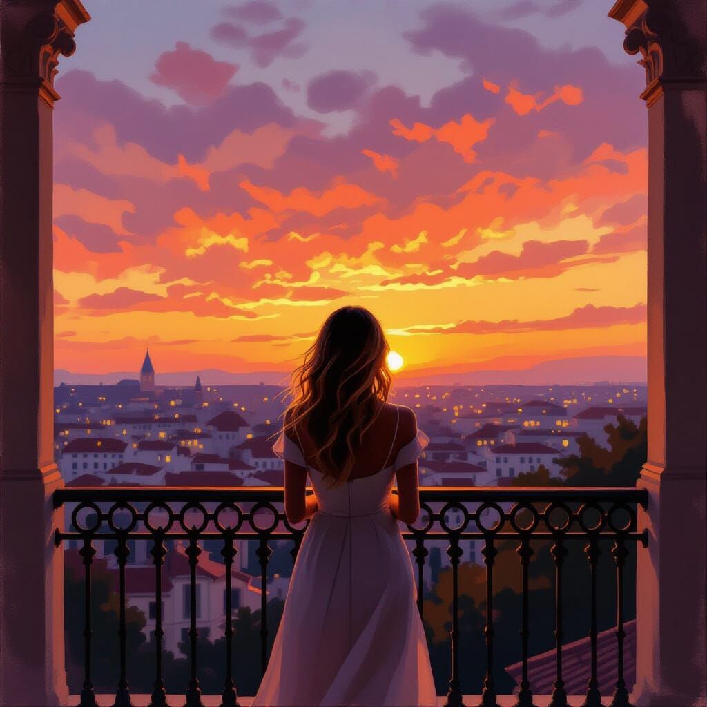 Young Woman at Sunset Balcony, Impressionist Oil Painting
