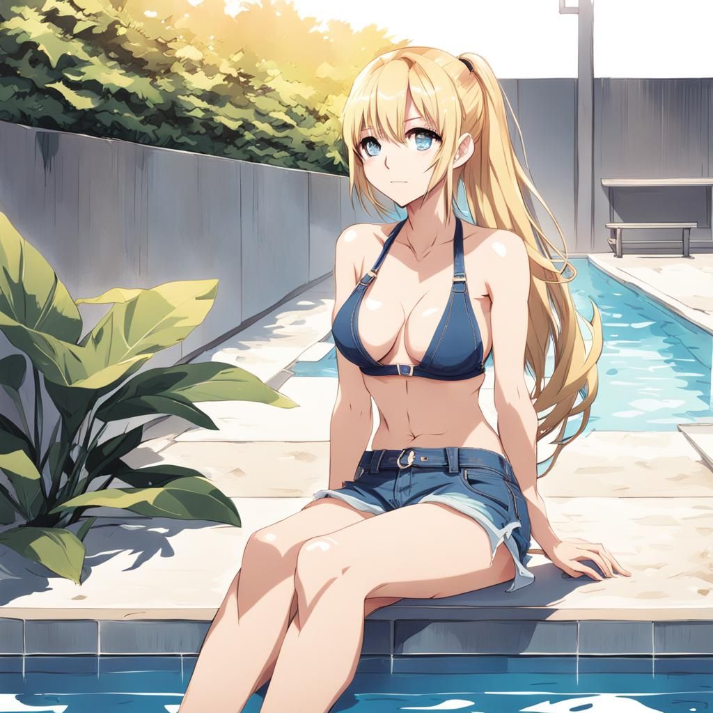 Blonde Woman in Manga Style at the Pool