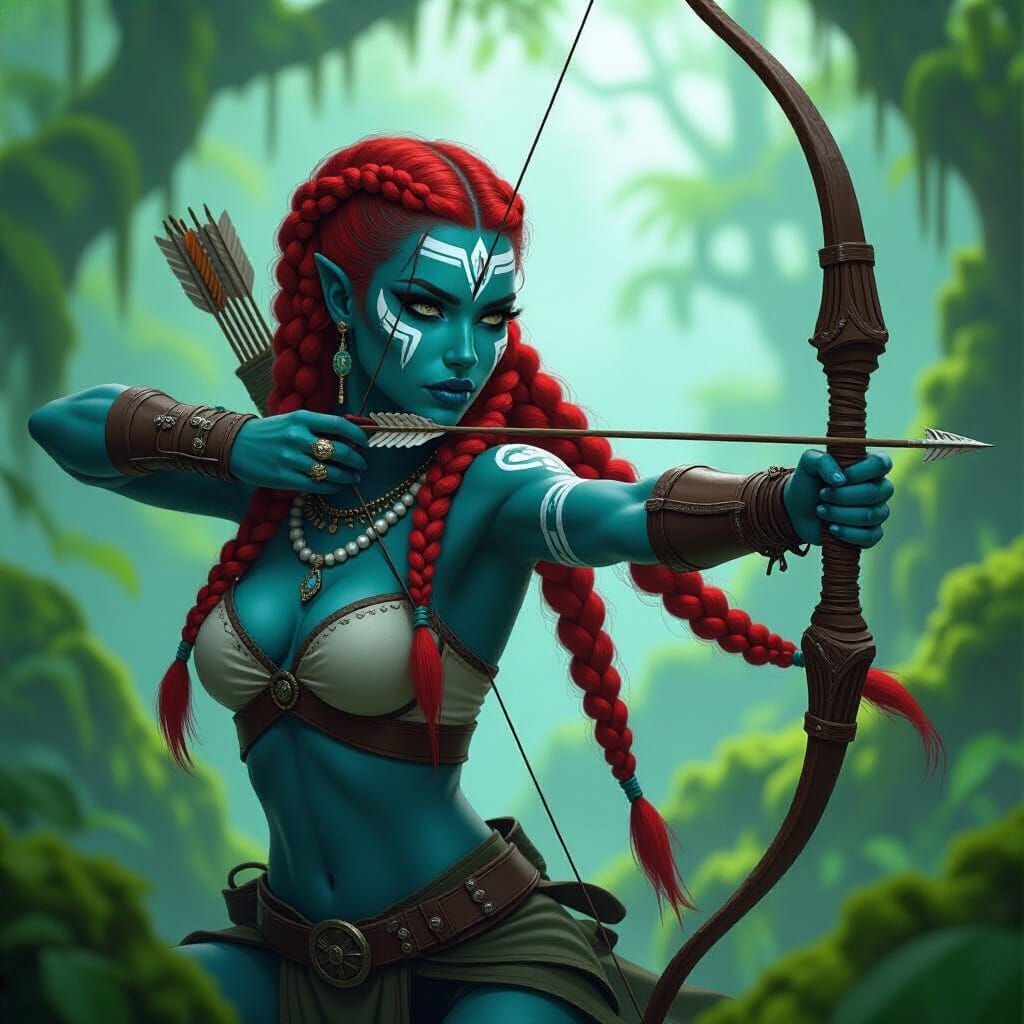 Fantasy Female Warrior Hunting in Lush Green Forest