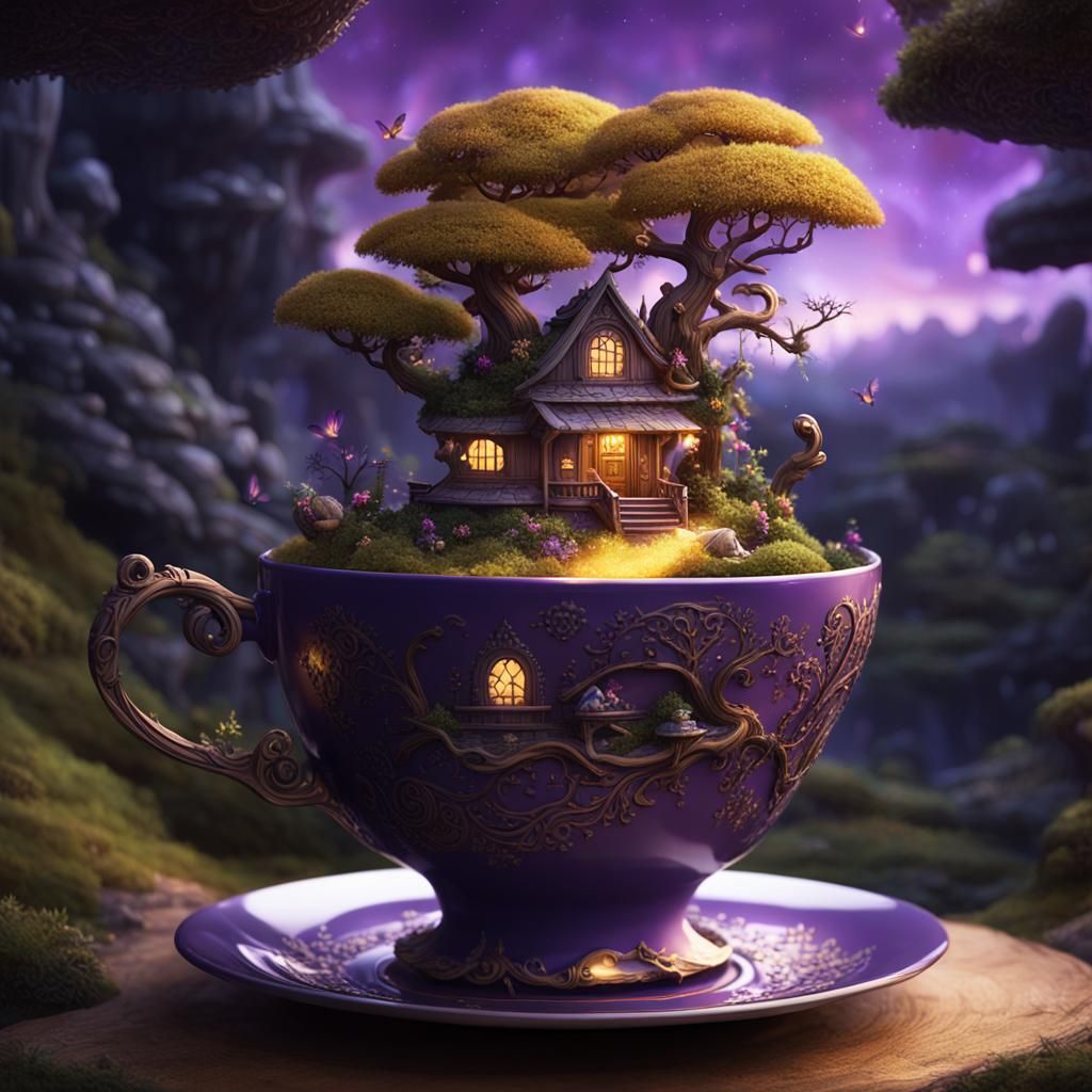 Miniature Fairy World Inside Teacup, Dark Fantasy Art