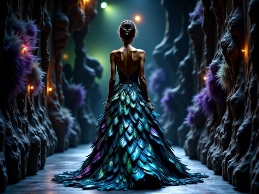 Model Stuns in Iridescent Feathered Gown on Dramatic Runway