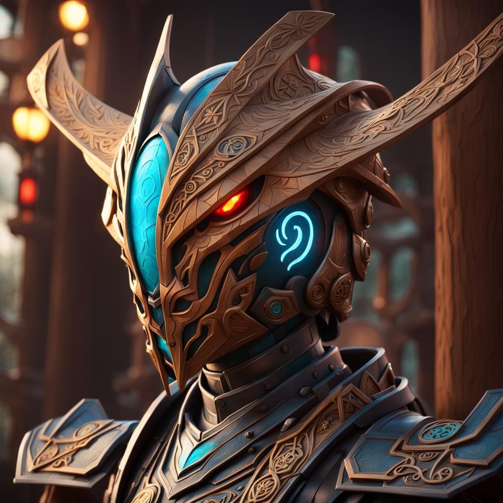 Wooden Robot with Japanese Emblems: Fantasy Art Portrait