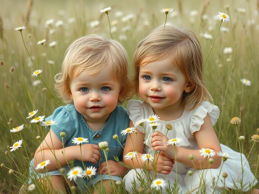 Toddler Siblings in Wildflowers, Fairytale Illustration