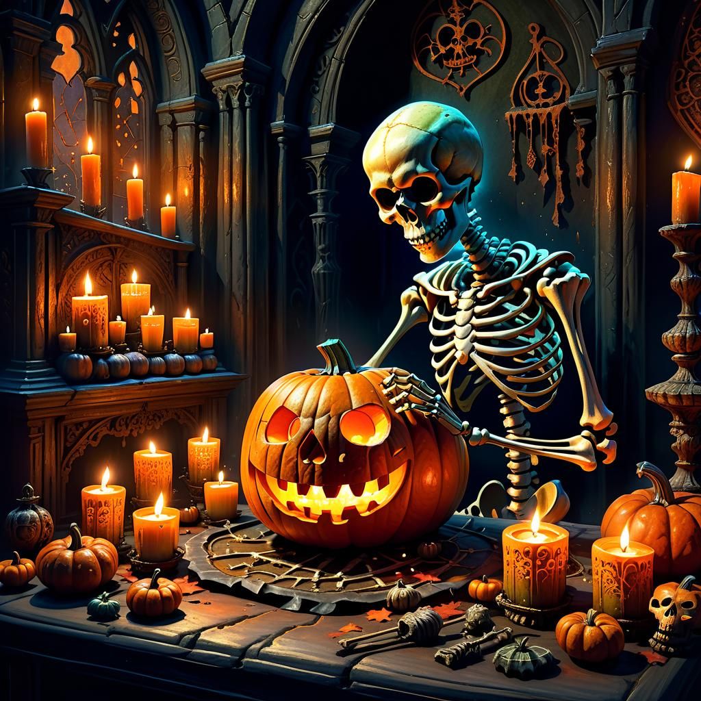 Eerie Skeleton Carving Pumpkin in Dark Fantasy Style