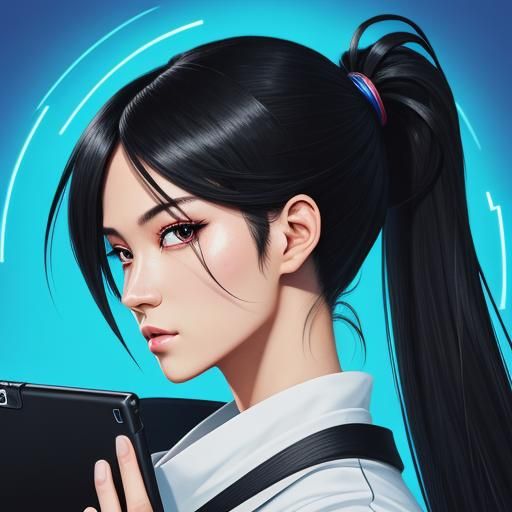 Anime Girl with Tablet in Manga Style