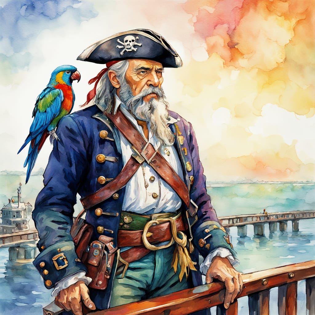 Cyborg Pirate Captain and Parrot Watercolor Portrait
