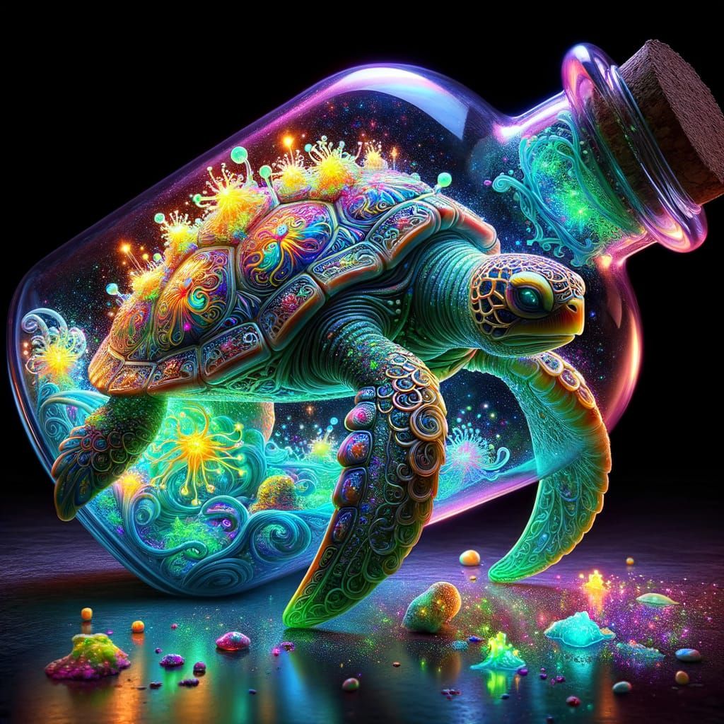 Bioluminescent Turtle Sculpture in Crystal Bottle