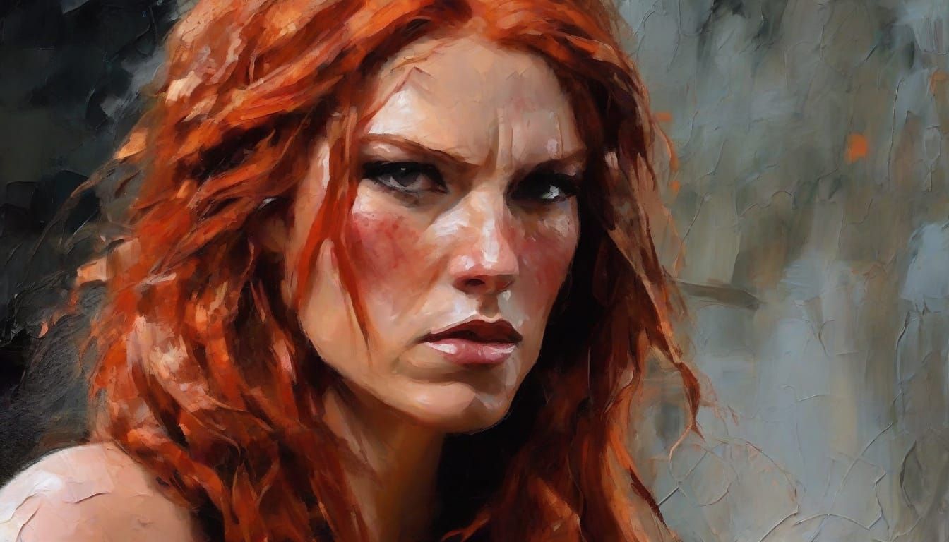 Gorgeous Redheaded Red Sonja in Impasto Oil Painting