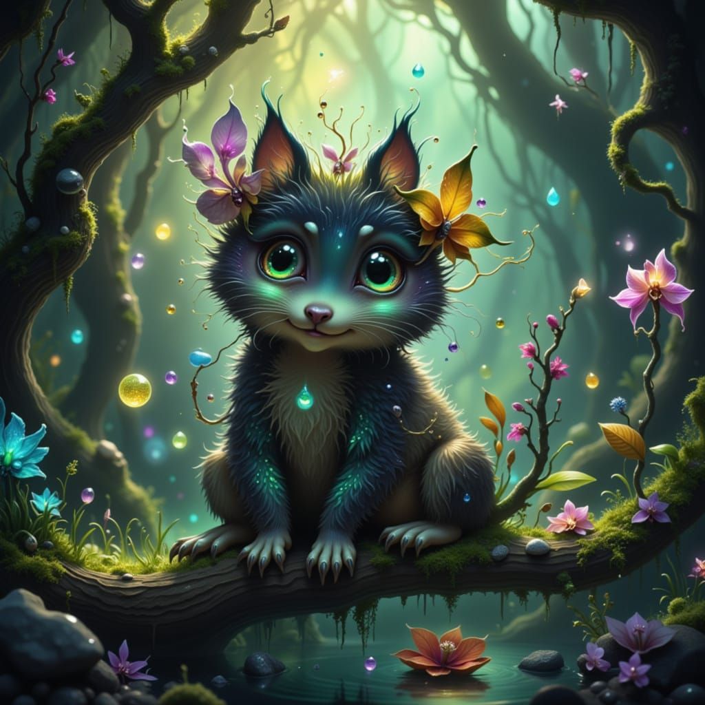 Cute Fluffy Creature in Enchanted Forest with Golden Hour Li...
