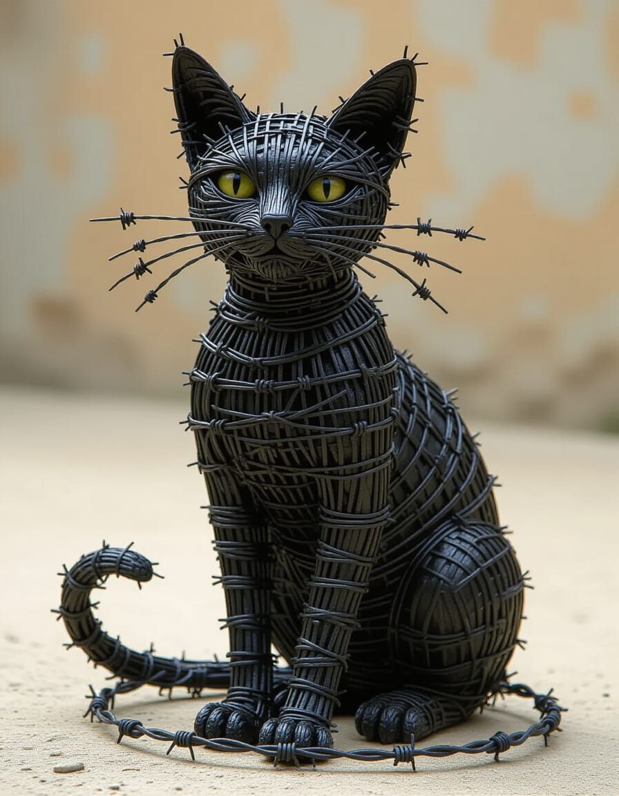 Barbed Wire Cat Sculpture in Surreal Style