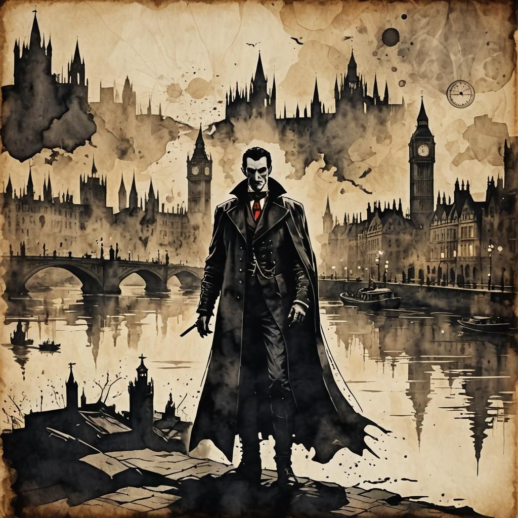 Dracula Silhouette on Thames in Steampunk Ink