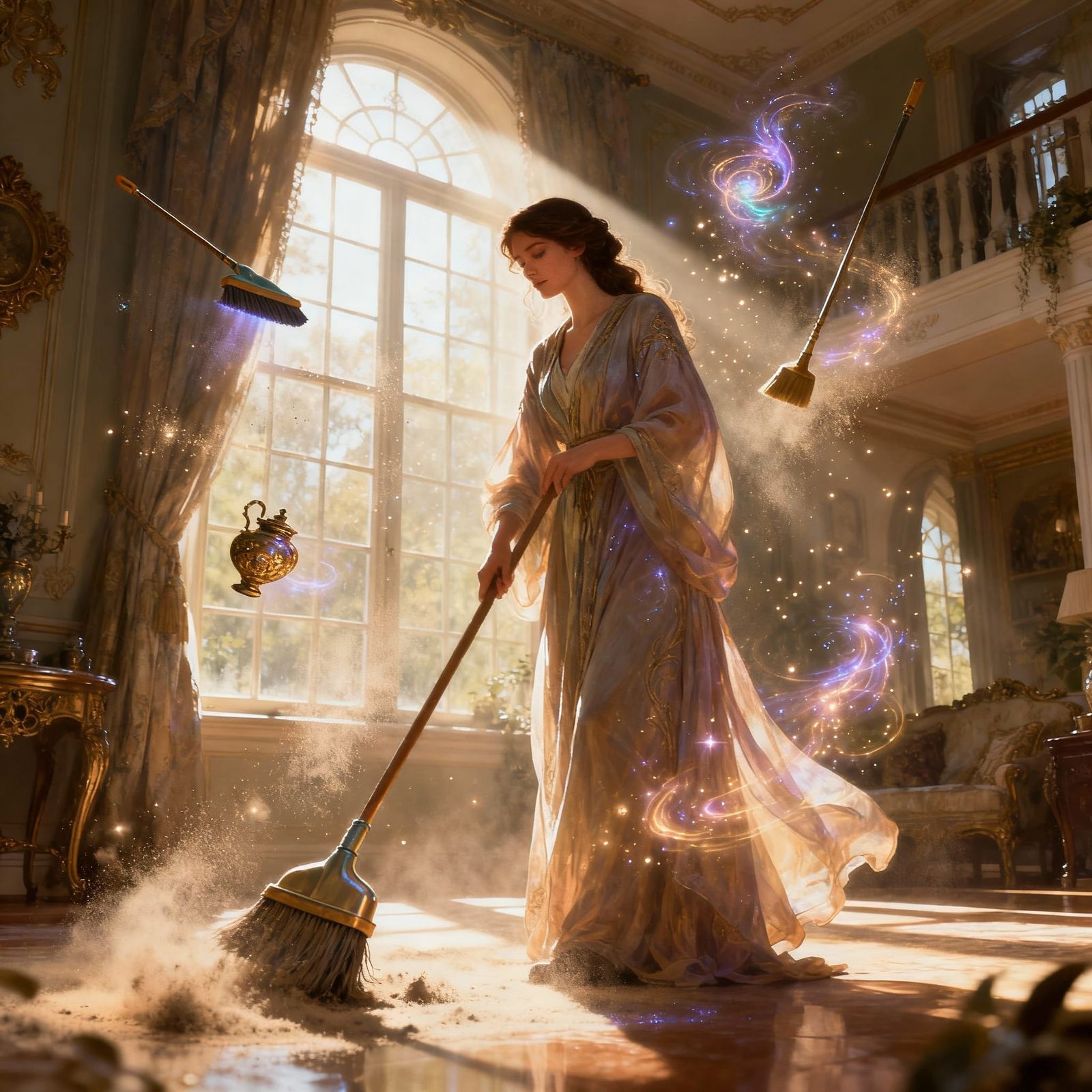 Magical House Cleaning in Realistic Digital Painting Style