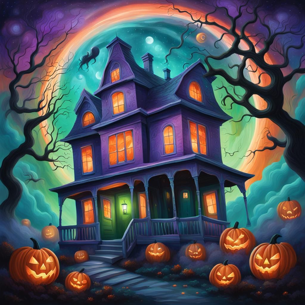 Cosmic Halloween House in Vibrant Oil Painting