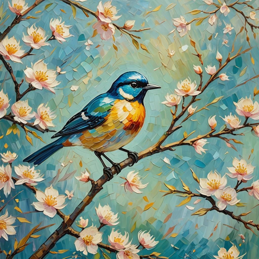 Blossom Bird in Neo-Impressionistic Expressionist Oil Painti...