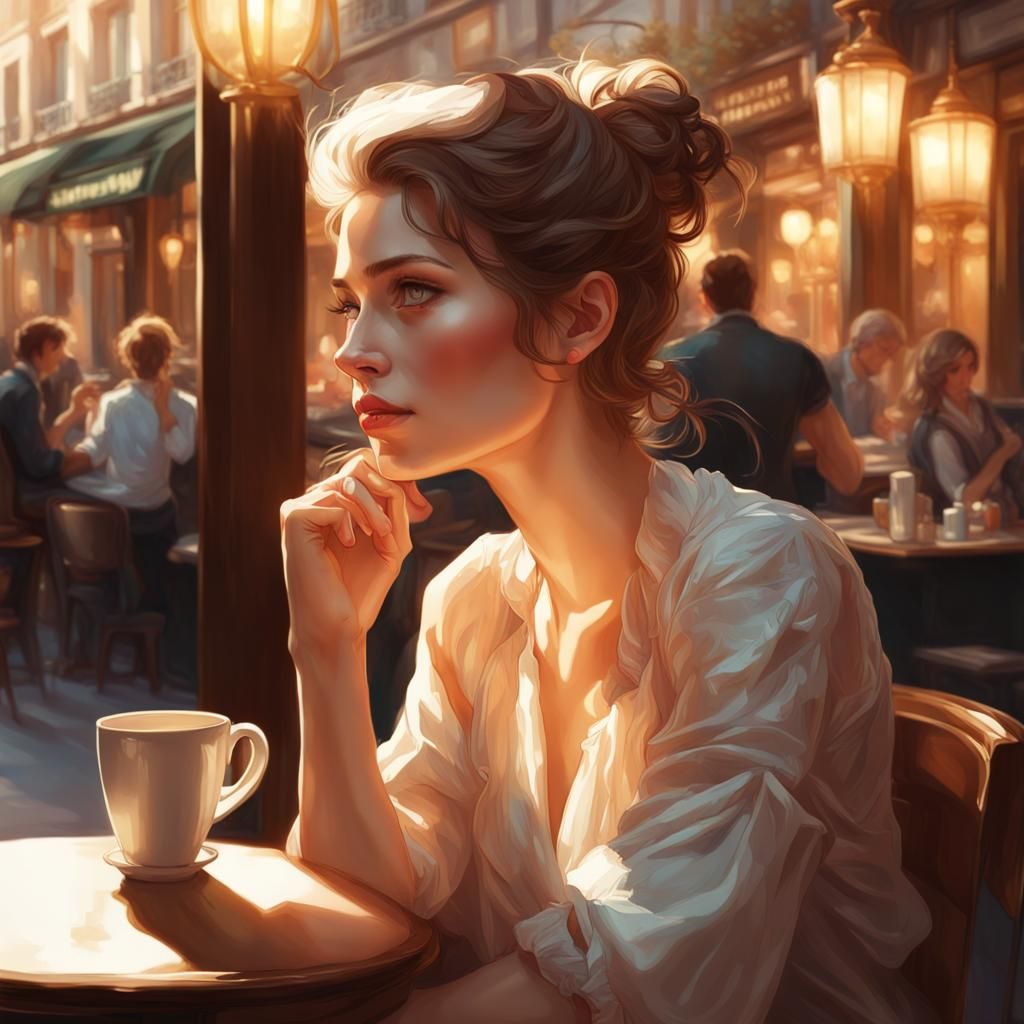 Woman in Parisian Cafe with Dynamic Lighting