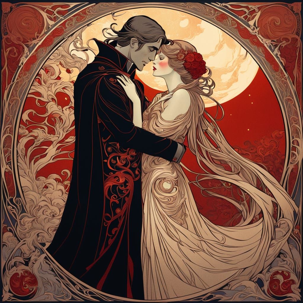 Romantic Vampire Couple Under Red Moon in Art Nouveau