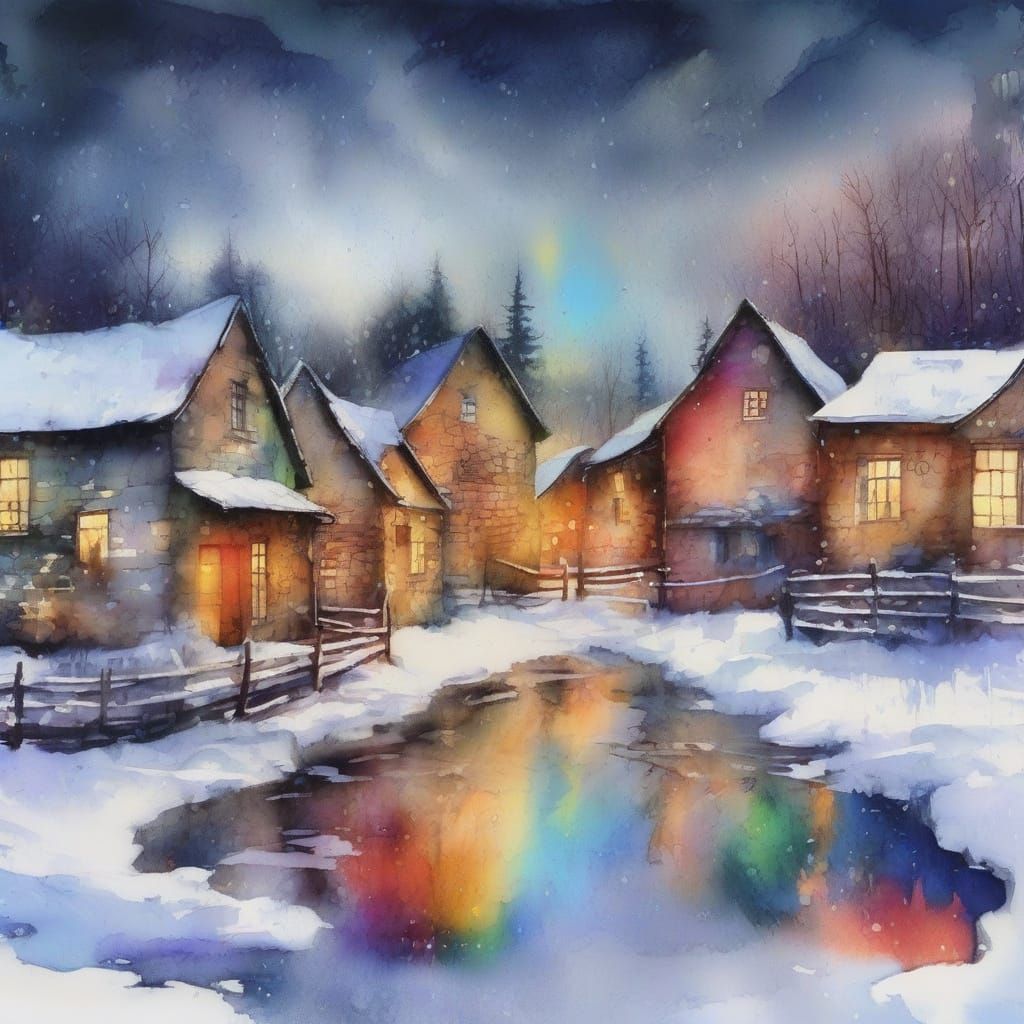 Fairytale Village in Iridescent Watercolor Ink