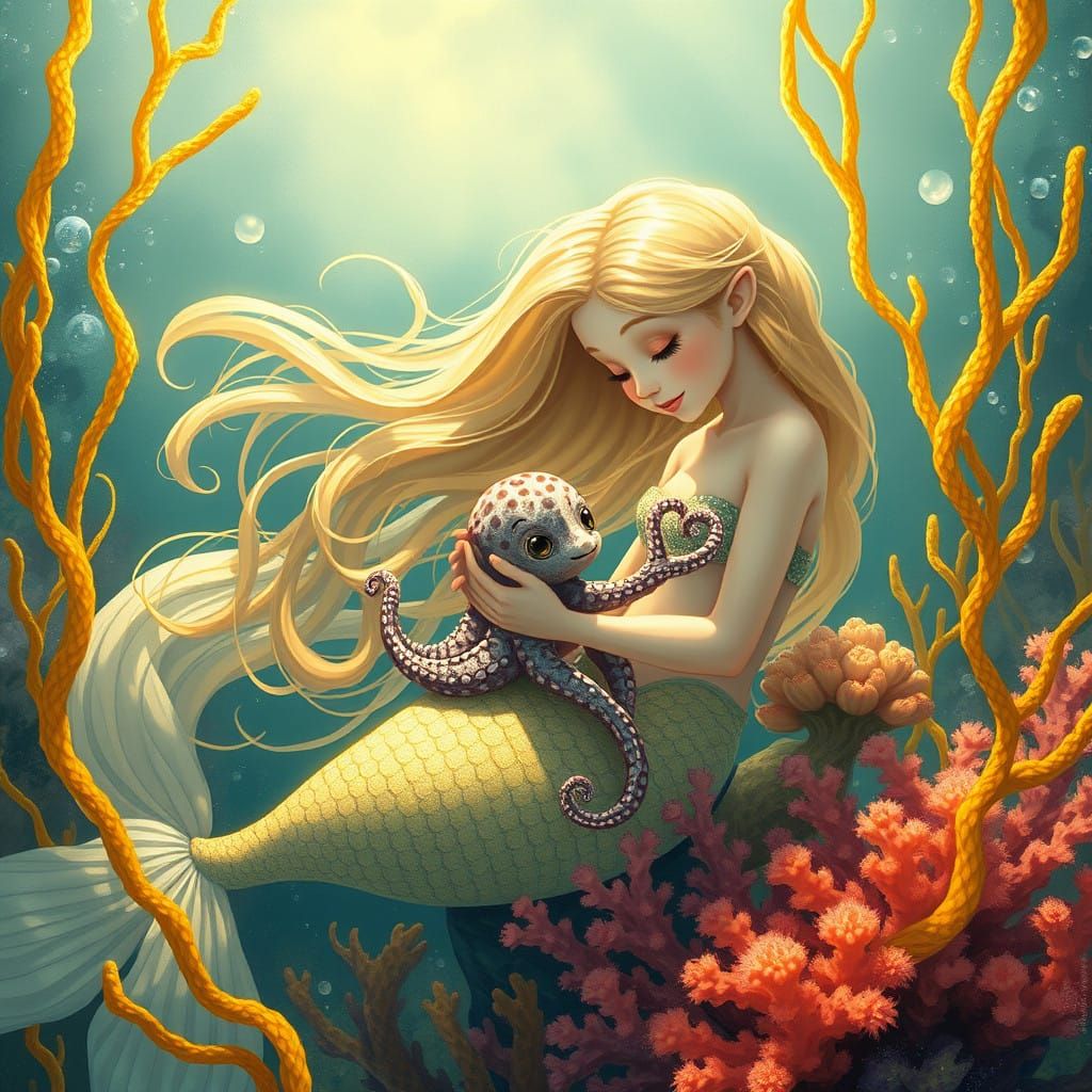 Serene Mermaid and Baby Kraken in a Whimsical Ocean Scene
