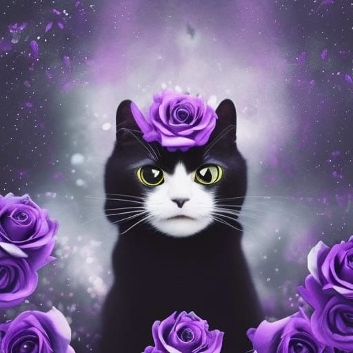 Adorable black cat with Beautiful purple eyes& ethereal vibes& magical vibes& purple roses& shimmery glittery background