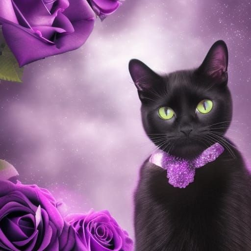 Adorable black cat with Beautiful purple eyes& ethereal vibes& magical vibes& purple roses& shimmery glittery background