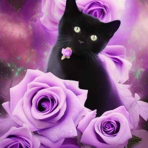 Adorable black cat with Beautiful purple eyes& ethereal vibes& magical vibes& purple roses& shimmery glittery background