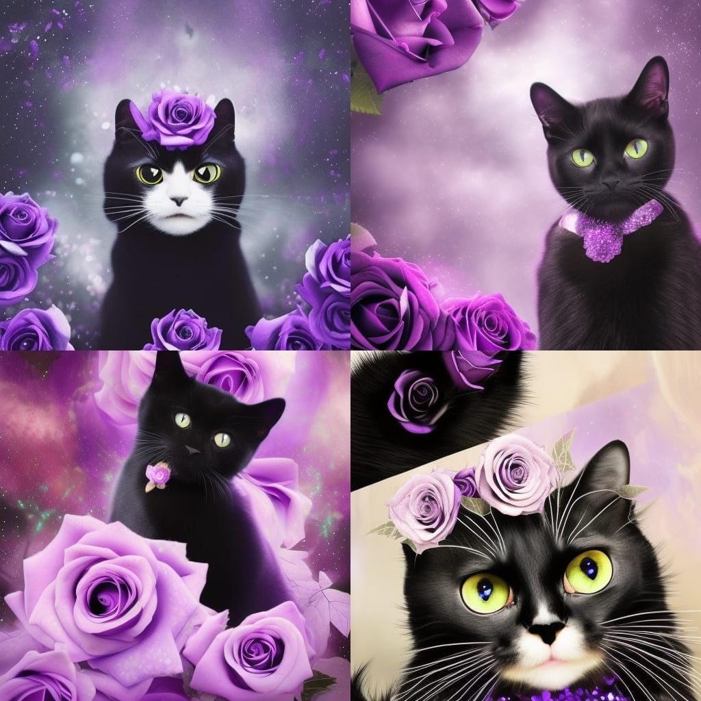 Adorable black cat with Beautiful purple eyes& ethereal vibes& magical vibes& purple roses& shimmery glittery background
