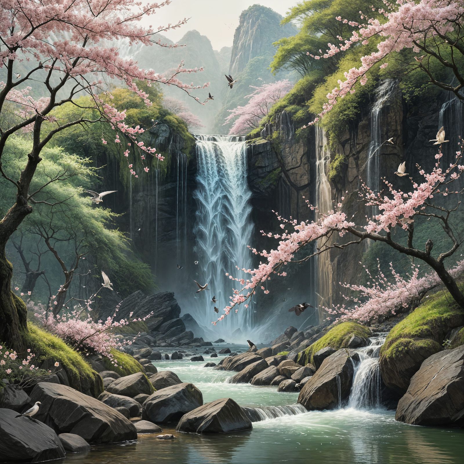 Delicate Cherry Blossoms and Birds by Waterfall