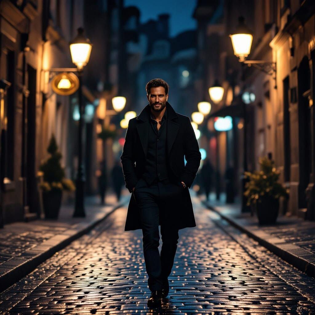 Man Walking Cobblestone Street at Night: Hyperrealistic Phot...