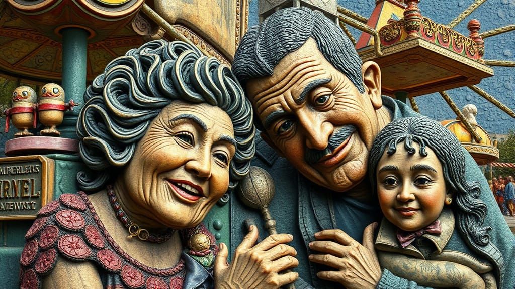 Vibrant Family at Amusement Park Sculpture in Iridescent Mar...