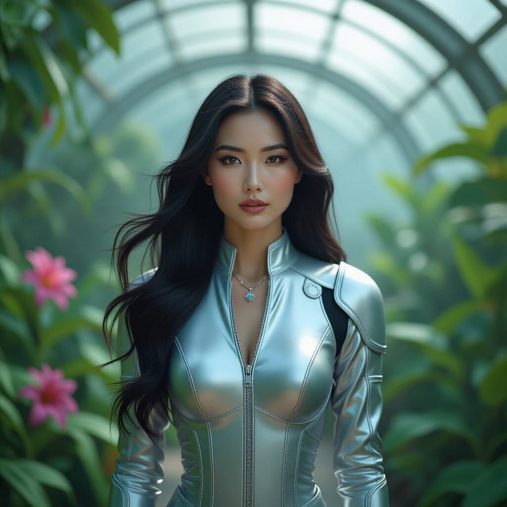 Contemplative Woman in Biodome, Futuristic Cinematic Still