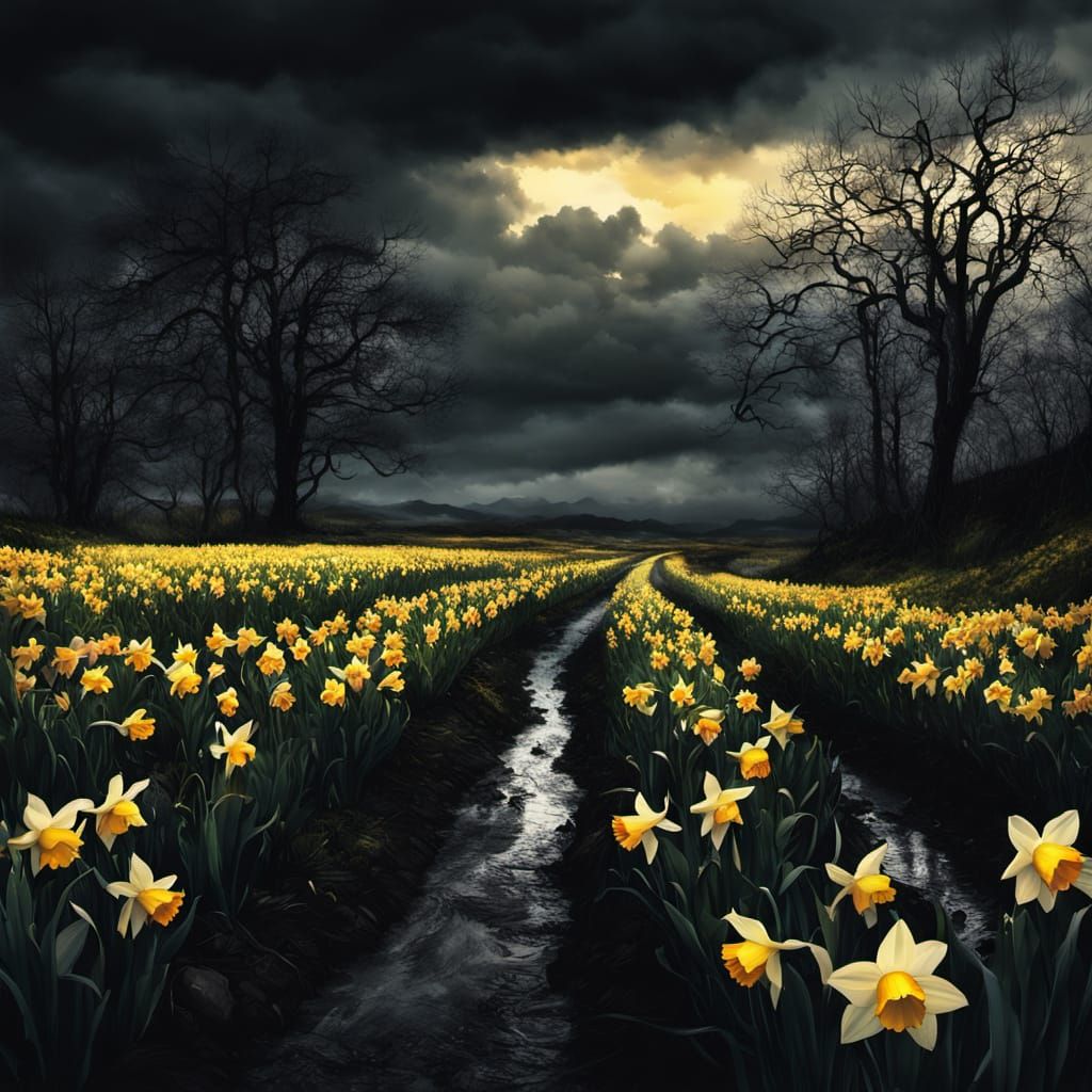 Ominous Daffodil Field at Sunset in Gothic Style