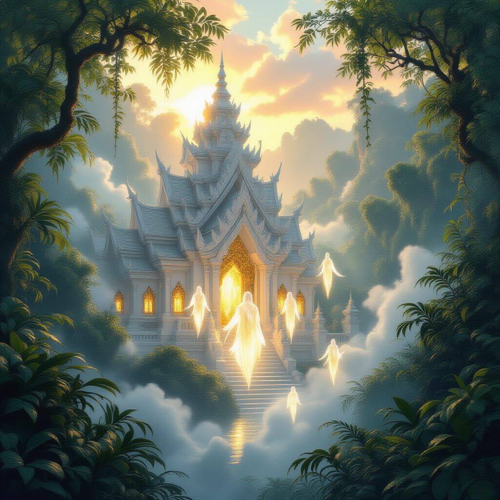 Crystal Temple in Tropical Jungle with Light Beings