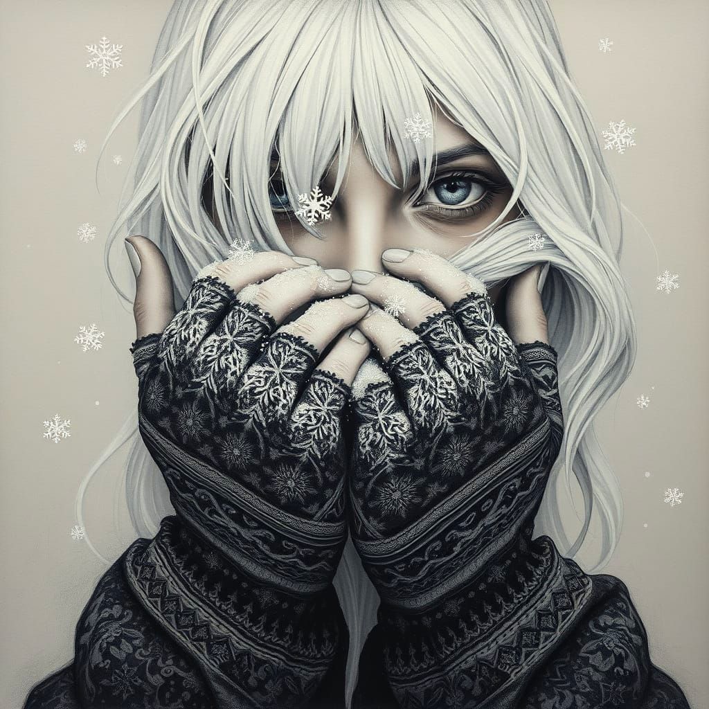 Surreal Charcoal Drawing of Figure in Swirling Snow