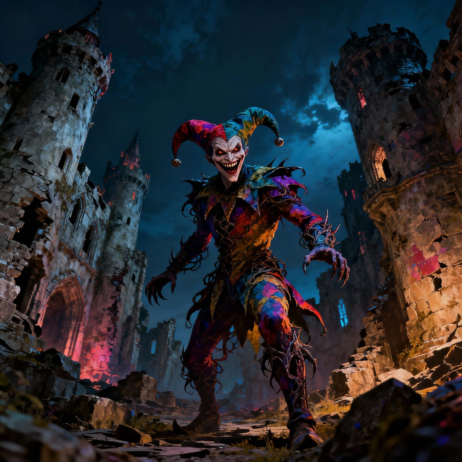 Sinister Jester in Castle Ruins at Night