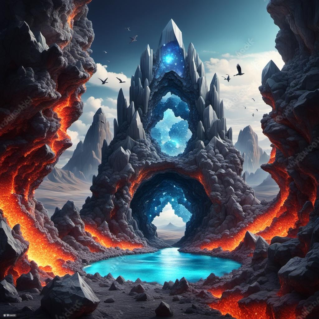 Crystal Fractal Geode Landscape with Birds
