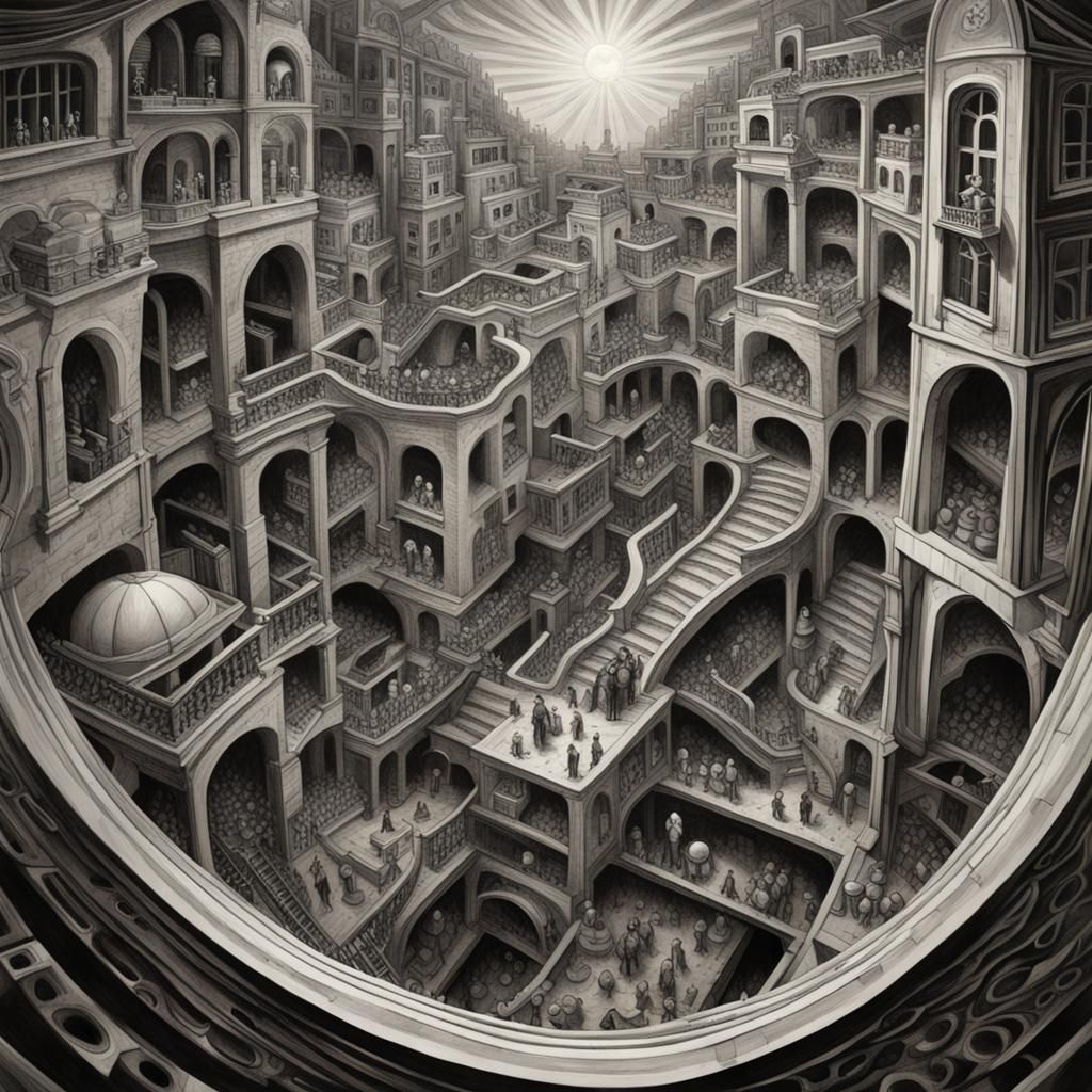 Escher-Inspired Chrome Ball View with Dynamic Lighting